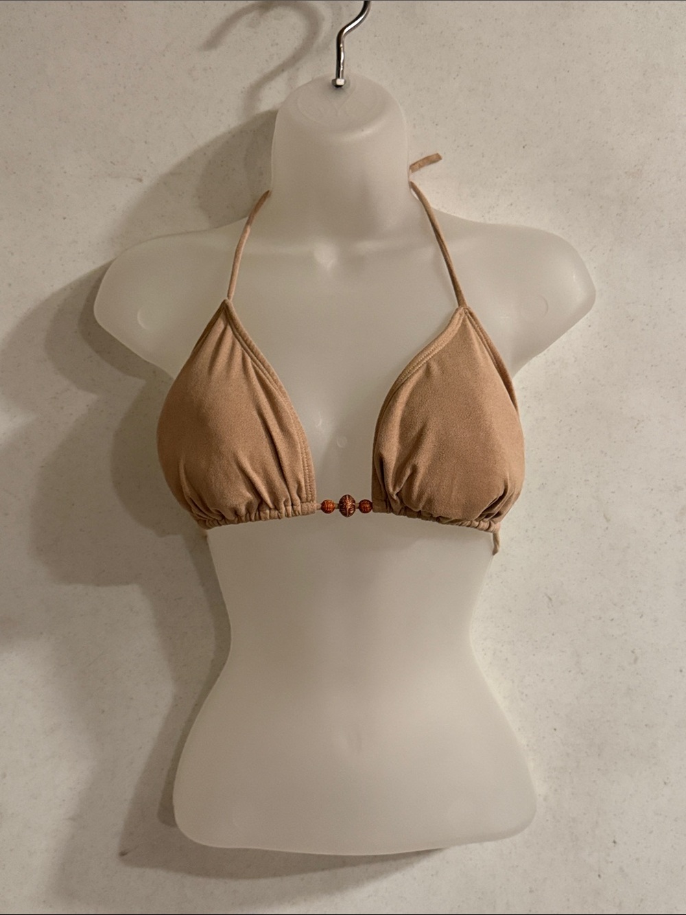 No Boundaries Tan Faux Suede Triangle Bikini Top with Bead Detail Jrs. L